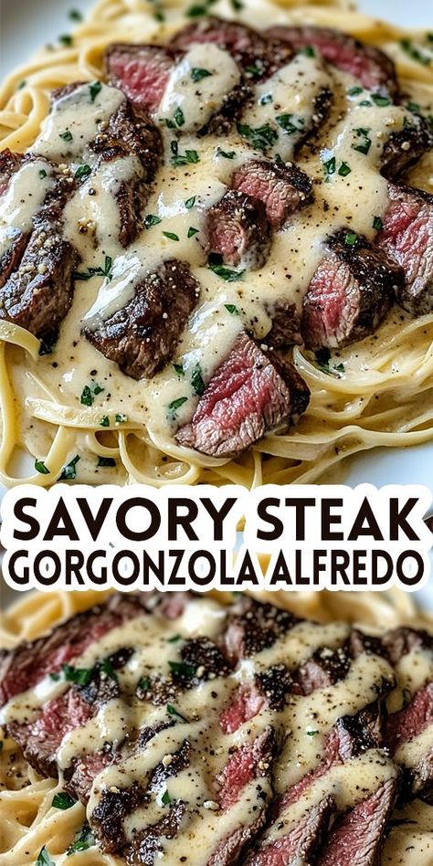 🥩 Indulge in this Steak Gorgonzola Alfredo with a creamy Parmesan sauce! Tender steak is served over pasta with a rich, cheesy alfredo that’s perfect for a special dinner or date night. 💡 Save this pin and make a restaurant-quality meal at home! #SteakAlfredo #ComfortFood #GorgonzolaSauce #DinnerIdeas #PastaLovers 🍷🍝 Pasta Recipes Date Night, Tender Ribeye Steak, Steak Gorgonzola Alfredo, Gorgonzola Alfredo, Parmesan Alfredo Sauce, Steak Gorgonzola, Dinner Date Recipes, Pasta Recipes For Dinner, Night Dinner Recipes