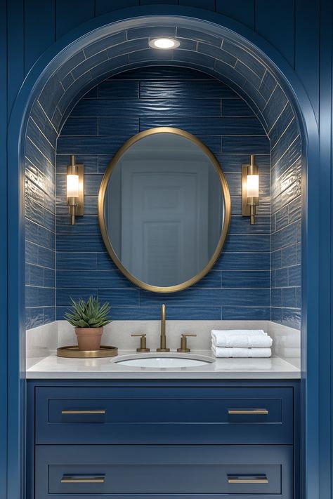 Transform your bathroom into a serene oasis with these sophisticated wall art ideas. The deep blue tiles and gold accents create a luxurious vibe. Perfect for adding elegance to your space. Discover more inspiration now! #WallArtIdeas #BathroomDesign #HomeDecor Dark Blue Tile Bathroom, Dark Blue Tile, Blue Bathroom Tile, Boy Bath, Wall Art Ideas, Boys Bathroom, Gold Bathroom, Basement Bathroom, Blue Bathroom