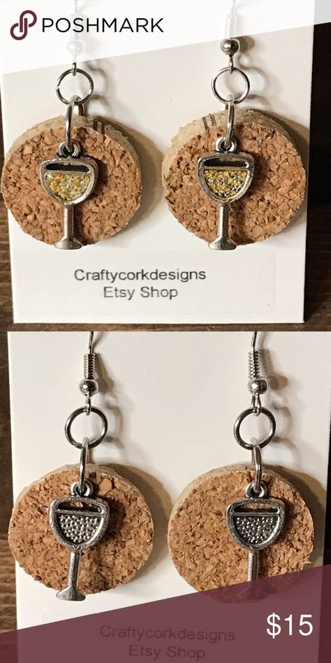 Wine Cork Glass Charm Earrings Wine Cork Glass Charm Earrings on stainless steel wire hoop earrings Jewelry Earrings Wine Cork Jewelry Diy, Diy Cork Earrings, Wine Cork Earrings Diy, Wine Glass Earrings, Upcycle Corks, Corks Crafts, Wine Cork Earrings, Cork Decor, Wine Corks Decor