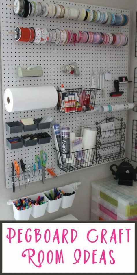 Pegboard Ribbon Storage, Craftroom Pegboard Organization, Art Classroom Organization Ideas, Sewing Pegboard Organization, How To Organize Ribbon, Cricut Pegboard Organization, Aesthetic Pegboard Ideas, Craft Station Ideas, Craft Wall Organization