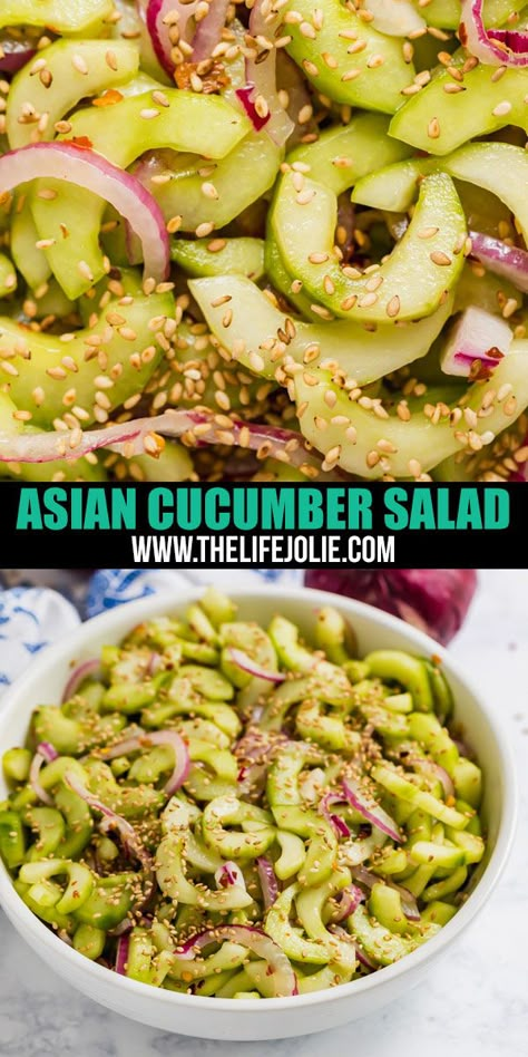 This Asian Cucumber Salad Recipe is a quick and simple side dish that can be whipped up in minutes. With a spicy kick from the crushed red pepper flakes, you've got a simple salad thats sure to please! Fresh Sides, Asian Cucumber Salad Recipe, Cucumber Salad Recipe, Asian Cucumber Salad, Cucumbers And Onions, Lettuce Wrap Recipes, Simple Salad, Cucumber Recipes Salad, Salad Ideas