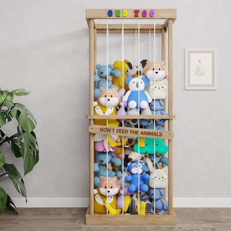 Stuffed Animal Storage Ideas Bedroom, Kids Storage Ideas For Toys, Teddy Storage Ideas, Nursery Storage Organization, Teddy Bear Storage Ideas, Animal Room Ideas, Stuffed Animal Jail, Stuff Animal Storage Ideas, Plushie Storage Ideas