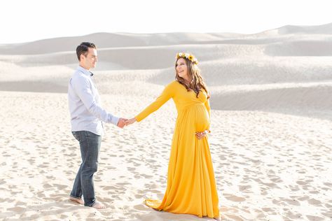 Maternity photo in dunes, yellow dress, flower headband, Yellow Maternity Dress Photoshoot, Maternity Dress Photoshoot, Yellow Maternity Dress, Family Maternity Pictures, Dress Photoshoot, Maternity Photo Shoot, Maternity Photoshoot, Dress Flower, Maternity Shoot