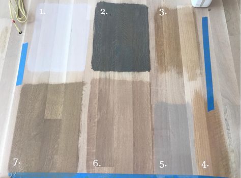 Choosing a Bona Drifast Stain Color. Clockwise from top left: 1) white, 2) driftwood, 3) Bona Traffic w/o sealer, 4) BonaSeal w/o stain, 5) 25% white and 75% birch, 6) birch, and 7) sand dune Hardwood Floor Stain Colors, Oak Floor Stains, Floor Stain Colors, Wood Floor Stain Colors, Oak Hardwood Floors, Weathered Oak Stain, Driftwood Stain, Hardwood Floor Colors, White Oak Hardwood Floors