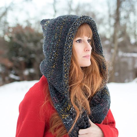 EASY Hooded Scarf Free Knitting Pattern by Gina Michele Knit Hooded Scarf, Hooded Cowl Pattern, Hooded Scarf Pattern, Crochet Hooded Scarf, Hood Pattern, Knitting Patterns Free Scarf, Knitting Patterns Free Hats, Beginner Knitting Patterns, Cowl Knitting Pattern