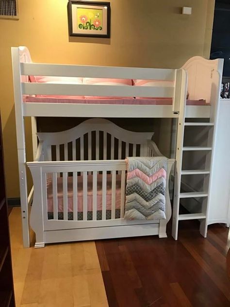 Little ones sharing a room? Here's a great example of utilization of space! Baby And Toddler Shared Room, Bunk Bed Crib, School Shoulder Bags, Toddler And Baby Room, Boy And Girl Shared Bedroom, Sibling Room, Sharing A Room, Toddler Bunk Beds, Kids Rooms Shared