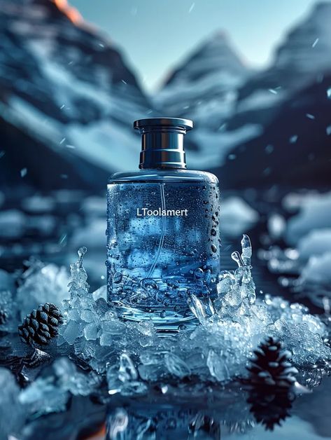 The image is a cologne bottle. It is blue and silver ->> more details in ai-img-gen.com Unique Product Photography, Amazon Aesthetic, Winter Perfume, Monochromatic Photography, Nature Elements, الفن الرقمي, Cologne Bottle, Blue Perfume, Perfume Photography