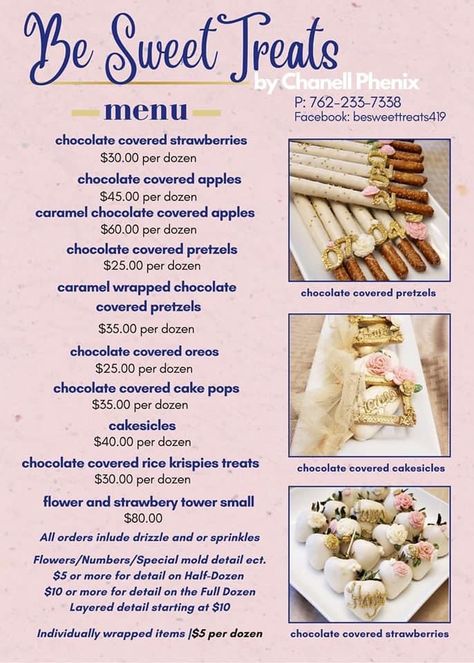 Custom Treats For Parties, Dessert Table Menu Ideas, Chocolate Covered Treat Prices, Chocolate Covered Strawberries Pricing, Cake Pops Price List, Cakesicle Pricing, Chocolate Covered Strawberries Price List, Chocolate Covered Strawberries Business Name Ideas, Dessert Table Price List