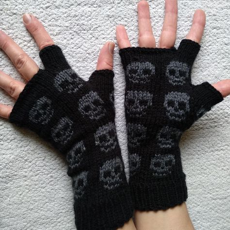 Gothic Arm Warmers with Gray Skulls. Mittens with half thumb and half index finger. Made of 25% wool. If you buy 2 items from my shop you will get 10% discount. Use code 10FOR2ITEMS. Cool addition to emo or gothic clothing style. 📌 SIZE: See the last picture for measurements. Choose between sized offered in drop-down menu, or message me with the size you need before ordering. I'll gladly create a custom listing for you. 📌 GIFT MESSAGE: I write positive message on every order, but if you want a Goth Arm Warmers, Knitting Mittens, Emo Accessories, Gothic Emo, Alt Style, Gothic Clothing, Emo Outfits, Index Finger, Halloween Skeleton