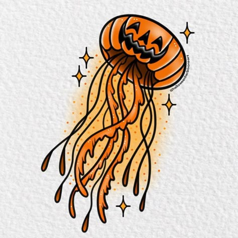 Vincent Maddox | Jellyfish pumpkin is available as a tattoo ticket on my site! 🎃🌊 My sticker drop is tomorrow, 8/26 at 10am PT! | Instagram Jellyfish Pumpkin, Tattoo Ticket, Octopus Painting, Pumpkin Tattoo, Snail Art, Jellyfish Tattoo, Bat Tattoo, Summer Tattoo, Kawaii Tattoo