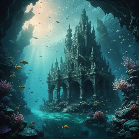 Underwater castle #castle #underwater #stuckinmotionsd Castle Underwater, Castle Fantasy Art, Underwater Castle, Mermaid Cave, Underwater Drawing, Shiva Photos, Mermaid Aesthetic, Fantasy Castle, Mermaid Art