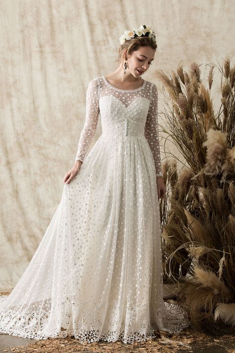 Laid-Back Boho Wedding Dresses! Etheria by Dreamers & Lovers Polka Dot Wedding Dress, Boho Wedding Dress With Sleeves, Western Wedding Dresses, Embroidered Wedding Dress, Long Sleeve Wedding Dress Lace, Boho Wedding Dress Lace, Beach Bride, Wedding Dress Pictures, Backless Wedding