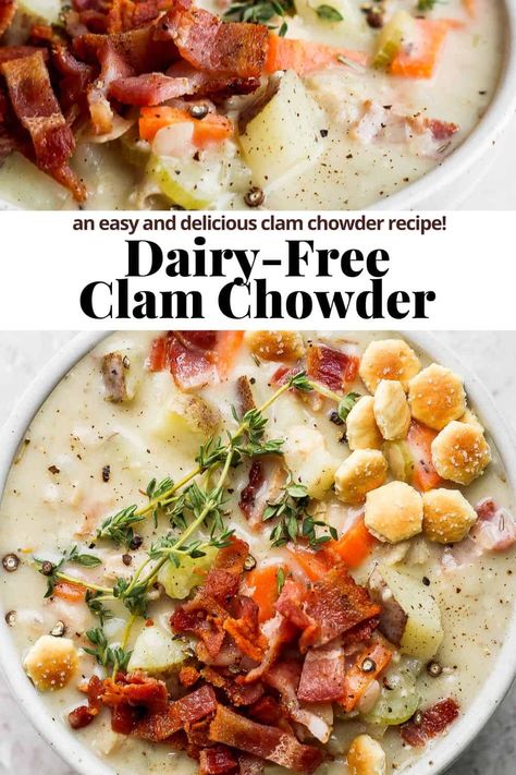 Whole 30 Clam Chowder Recipe, Healthier Clam Chowder, Dairy Free Salmon Chowder, Aip Clam Chowder, Clam Chowder Dairy Free, Dairy Free Fish Chowder, Paleo Clam Chowder, Non Dairy Clam Chowder Recipe, Dairy Free Seafood Chowder