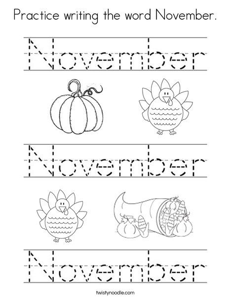 Practice writing the word November Coloring Page - Twisty Noodle November Worksheets, November Writing, Homeschool Preschool Activities, Thanksgiving Preschool, Preschool Writing, School Printables, Pre K Activities, Fall Preschool, Practice Writing