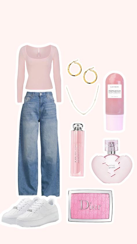 pink fittt Pink School Fits, Pink School Outfits, Simple Outfit Ideas For School, Simple Outfit Ideas, Outfit Ideas For School, College Fits, Outfit Layout, Outfit Collage, School Clothes