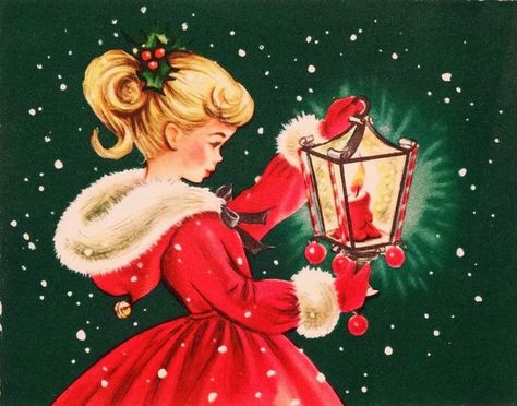 Old Christmas Card —  Sweet Girl in a Red Coat, 1950's  (900x709) Xmas Images, Winters Tafereel, Random Fanart, Xmas Art, Sticker Christmas, Illustration Noel, Vintage Christmas Images, Christmas Graphics, Gift Tag Cards