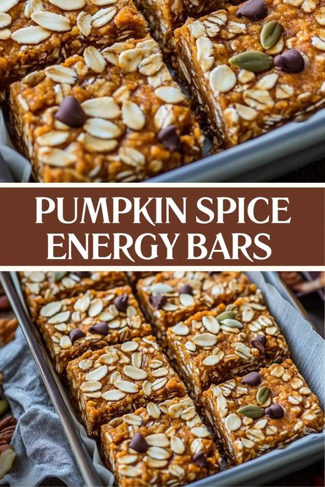 Looking for a healthy, fall-inspired snack? These Pumpkin Spice Energy Bars are packed with flavor and easy to make! Made with wholesome ingredients like oats, almond flour, and pumpkin puree, they're the perfect grab-and-go breakfast or snack. Customize with nuts or chocolate chips for extra flavor and crunch. Try them today and bring all the cozy vibes of autumn to your kitchen! Don’t forget to save this recipe for later! Power Bars Recipe, Pumpkin Granola Bars, Pumpkin Protein Bars, Healthy Pumpkin Bars, Bars At Home, Breakfast Bars Healthy, Chocolate Protein Bars, Pumpkin Oats, Easy To Make Snacks