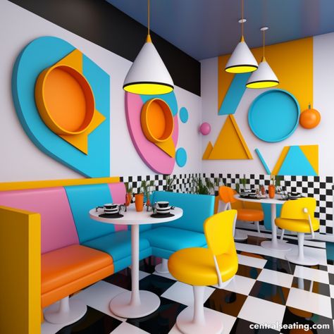 30 Creative Restaurant Interior Design Ideas Memphis Interior Design Restaurant, Fun Restaurant Design, Fast Food Restaurant Design Interiors, Pasta Restaurant Design, Colourful Restaurant, Restaurant Interior Design Ideas, Colorful Cafe, Colorful Restaurant, Bistro Design