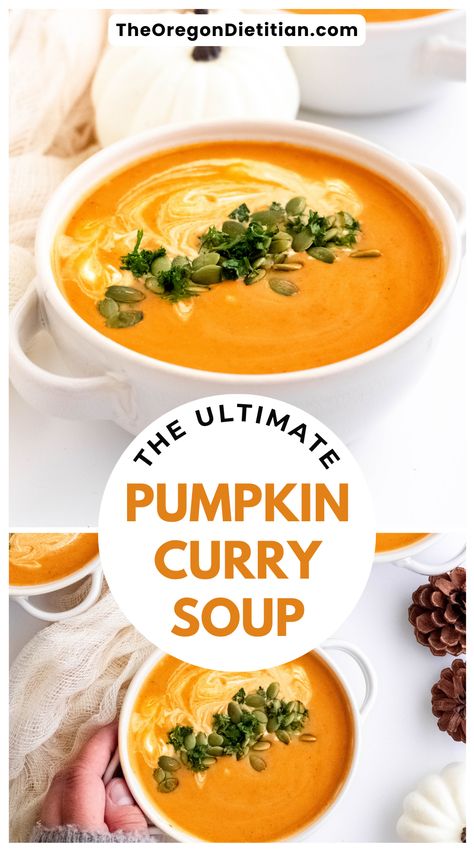 Are you looking for a warming winter soup recipe? Try my Pumpkin Curry Soup, it's quick and easy, indulgently creamy, and naturally vegetarian. You can’t beat my Thai-inspired Pumpkin Curry Soup made with coconut milk and warming curry flavors. With zero chopping, this easy soup recipe is ready in just 30 minutes making my curry pumpkin soup a lifesaver for busy weeknights. #easymeals #wintersouprecipes Coconut Milk And Pumpkin Recipes, Pumpkin Ginger Soup Recipe, Creamy Winter Soups, Vegan Pumpkin Curry Soup, Pumpkin Soup Using Canned Pumpkin, Curry Pumpkin Soup Recipe, Soup Made With Coconut Milk, Curry Soup Crockpot, Curried Soup Recipes