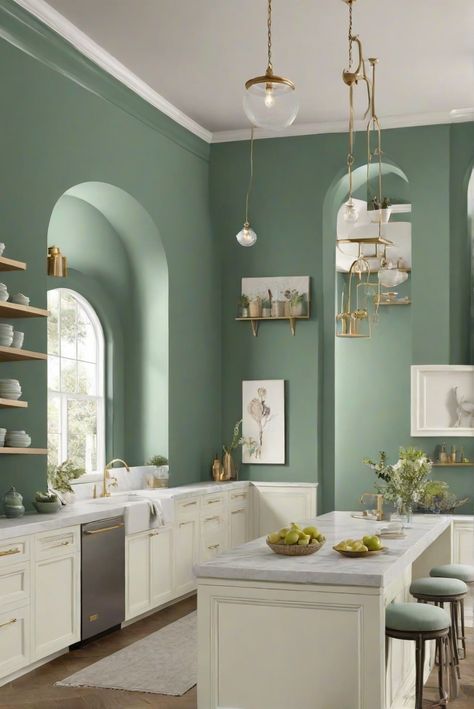 interior design, kitchen decor, wall painting, home decoration Light Green Kitchen Countertops, Blue Green Kitchen Walls, Green Paint For Kitchen Walls, White Kitchen Green Walls, Green Paint For Kitchen, Green Paint Kitchen Walls, Green Paint Schemes, Green Paint Kitchen, Sage Kitchen Walls