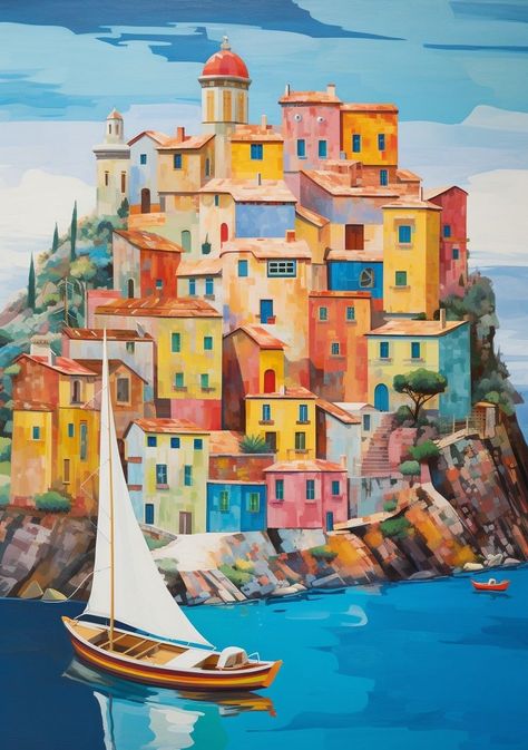 Positano Watercolor Painting, Italian Village Painting, Cliffs Illustration, Cinque Terre Italy Painting, Italy Painting Easy, Italian Landscape Paintings, Cinque Terre Painting, Italy Paintings, Sea Reflection