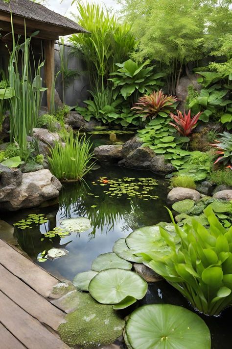 There are three different types of plants that you can grow in ponds: plants that are fully submerged, plants that float on the surface, and plants that grow around the edge. They are useful for providing shelter for aquatic wildlife, and keeping the water clear and oxygenated. This post lists 31 plants for a healthy pond. Best Water Landscapes Edge Aquatic Floating Area Underwater Banks Wet Garden Ideas Landscapes, Water Garden Ideas Landscaping, Koi Pond Plants, Plants Around Pond Edge, Pond Plants That Clean Water, Natural Pond Landscaping, Natural Pond Ideas, Submerged Plants, Tropical Pond