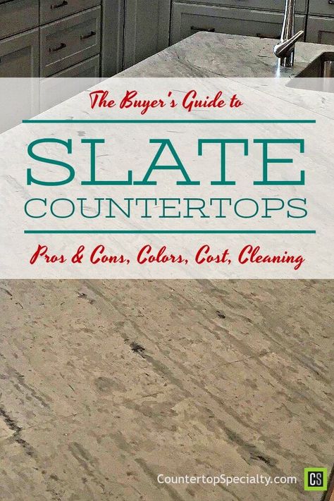 Slate countertops with pattern - text overlay - Slate countertops buyer’s guide, pros, cons, cost, colors, cleaning Slate Countertop Kitchen, Slate Kitchen Countertops, Minimalist Sink, Vessel Sink Ideas, Red And Gray Bathroom, Gray Bathroom Ideas, Slate Kitchen, White Marble Sink, Stone Pedestal