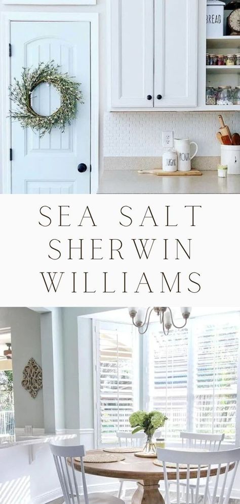 Are you familiar with the popular Sherwin Williams Sea Salt paint color? If not, we can't wait to introduce it to you. We're excited to share with you Sherwin Williams Sea Salt coordinating colors. We're going to take a tour with Sherwin Willaims Sea Salt Kitchen, Sea Salt Living Room and even Sherwin Williams Sea Salt Bedroom. There are so many places this paint color looks dreamy and we want to dive right in to the details. #paintcolors Sherwin Williams Sea Salt Bedroom, Beach House Colors Interior Walls, Sea Salt Coordinating Colors, Sea Salt Paint Color, Sea Salt Kitchen, Salt Paint, Sea Salt Paint, Sherwin Williams Sea Salt, Installing Wainscoting