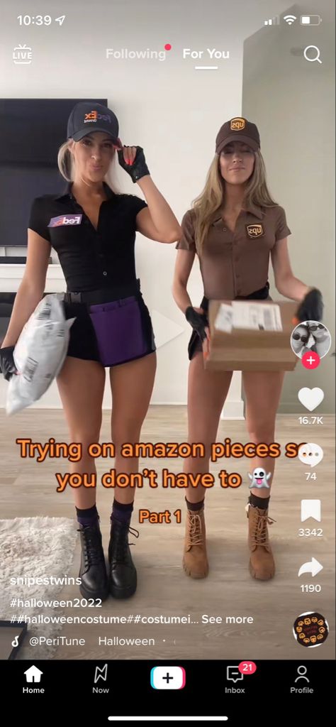 Word Play Costumes Ideas, Amazon Costume Woman, Ups Halloween Costume Women, College Unique Halloween Costumes, Creative Halloween Costumes For College, Hot Costume Ideas College, Funny College Halloween Costume Ideas, Ups Driver Costume Women, College Duo Costumes