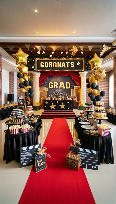 🎓 21 Stunning Graduation Decoration Ideas to Celebrate Your Big Day in Style! 🎉 Hollywood Backdrop Ideas, Red Carpet Graduation Theme, Graduation Party Setup, Hollywood Party Photo Booth, Hollywood Party Centerpieces, Hollywood Backdrop, Graduation Decoration Ideas, Red Carpet Graduation, Gold Star Balloons