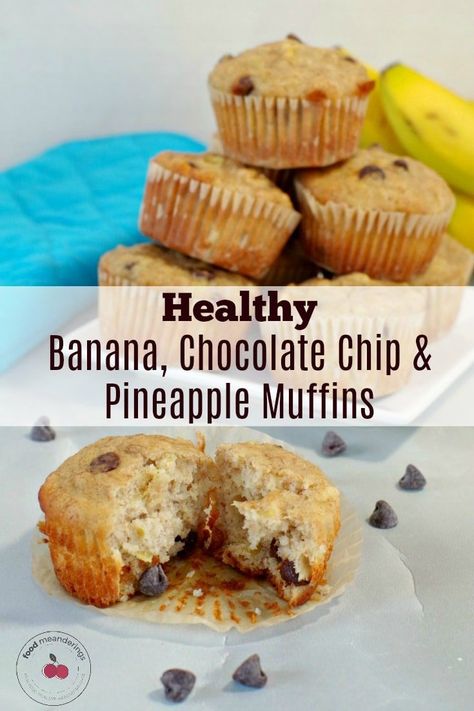 These Healthy Banana Chocolate Chip and Pineapple Muffins are a delicious tropical blend of pineapple and banana (with semi sweet chocolate chips), baked into tender, moist and delicious muffins. They use up your overripe bananas and freeze well, so they are perfect for the lunch bag, a quick breakfast, snack or dessert! #banana #muffin #snack #chocolatechip #muffins #snack #healthy #pineapple Banana Chocolate Chips, Banana Chocolate Chip Muffins Healthy, Pineapple Muffins, Dessert Banana, Banana Recipes Overripe, Delicious Muffins, Banana Muffin, Healthy Chocolate Chip Cookies, Snack Healthy