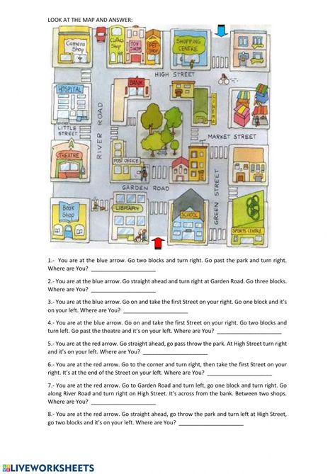 Giving directions exercise. You can do the exercises online or download the worksheet as pdf. Giving Directions Map, House Worksheet, Learn English Kid, Ell Activities, Town Drawing, Materi Bahasa Inggris, Travel English, Word Formation, English Teaching Materials