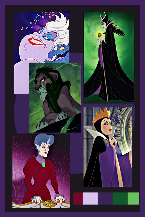 Colour palette and some of my favorite Disney villains Villain Color Palette, All Disney Villains, Starting An Etsy Business, Disney Princess Colors, Princess Coloring, Halloween Party Themes, Etsy Business, Disney Princesses, Maleficent