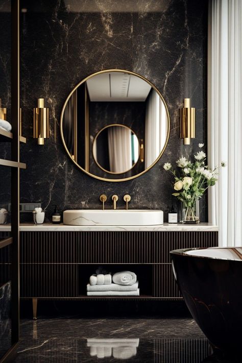 [Promotion] 31 Must Have Bathroom Interior Design Luxury Black Guides You Need To Know This Autumn #bathroominteriordesignluxuryblack Bathroom Interior Design Luxury Black, Luxury Powder Room, Bathroom Interior Design Luxury, Black And Gold Bathroom, Bathroom Design Black, Girly Apartment Decor, Washbasin Design, Bathroom Decor Luxury, Washroom Design