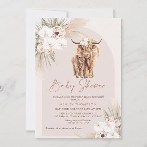 $1.98 | Blush Boho Floral Arch Highland Cow Baby Shower - zgroupon, arch, blush, pampas gras, palm leaf, girls baby shower invite, blush boho floral, highland cow baby shower invitation, cow themed baby shower invitation, highland cow and calf Cow Baby Shower Theme, Cow Baby Shower Invitations, Highland Cow Baby, Cow Baby Shower, Cowgirl Baby Showers, Girl Shower Themes, Cow Baby Showers, Southern Baby, Boho Baby Shower Invitations