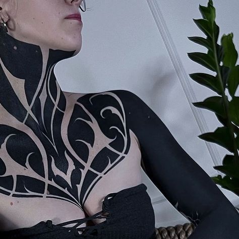 Алексей Варма | blackwork tattoo on Instagram: "Part of the suit for Maria" Bodysuit Tattoos Women, Blackout Tattoo Women, Tattoo Mujer, Tattoo Espalda, Vegas Aesthetic, Solid Black Tattoo, D Tattoo, Neck Tattoos, Body Suit Tattoo