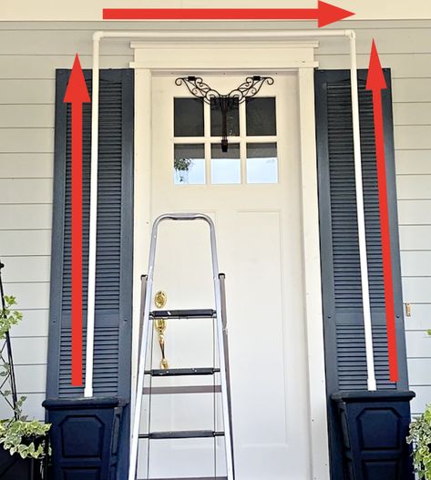 How to Easily Decorate Your Front Door for any Holiday or Season - Celebrate & Decorate Christmas Outdoor Door Arch, Pvc Door Frame, Christmas Decorations Around Door Frame, Pvc Garland Frame, Door Arch Christmas Decor, Christmas Garland Around Door Frame, Pvc Arch Diy Christmas, Front Door Holiday Decor Ideas, Pvc Arch Christmas