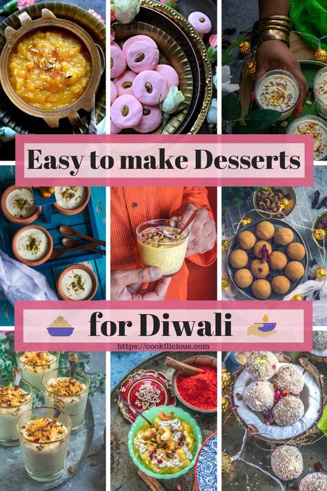 Try these easy & delicious dessert ideas this Diwali! Some are popular Desi mithais while some are fusion sweet treats. Make your Diwali extra special by these delectable Indian desserts! #desserts #Indian #Diwali #holidays #sweets #easy #recipe Easy Indian Sweets For Diwali, Diwali Desserts Ideas, Indian Dessert Ideas, Diwali Drinks Ideas, Fusion Diwali Sweets, Quick Diwali Sweets, Indian Fusion Desserts Sweets, Healthy Indian Dessert Recipes, Sweet Recipes Easy Indian Sweets Recipes