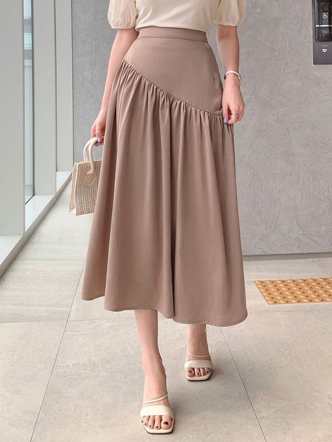 Khaki Casual Collar  Polyester Plain Flared Embellished Non-Stretch Summer Women Clothing Corporate Skirts, Flare Skirt Outfit, Pleated Flare Skirt, Estilo Hijab, Plain Skirt, African Inspired Clothing, Women Skirts, Chiffon Skirt, Hijab Style