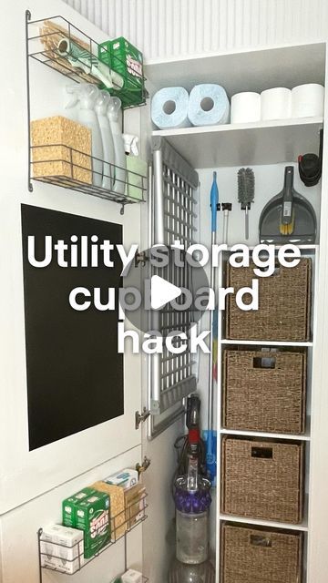 B&Q on Instagram: "ad I’ve always wanted a separate utility room, but that won’t be happening for the foreseeable future, so it was time to get creative!  With @bandq_uk ’s help, I transformed this cupboard (of doom) into an organised and practical mini-utility room with a place for everything. And because I know you love a good DIY hack, here are my faves from this project…  • Back-of-the-door storage compartments save space and double up as useful dispensers for rolls of bags. • Chalkboard paint and a Harris paintbrush created a handy, hidden noticeboard for family ‘to-do’s and reminders.  • I tied the chalk to the metal storage so it can’t get lost. • I wall-mounted the cleaning items so they don’t fall over (& out of the cupboard onto my foot like usual!) • A wall-mounted hook made t Utility Storage Cabinet Kitchen, Utility Room Hacks, Utility Cupboard Ideas, Laundry Cupboard Ideas, Vacuum Cleaner Storage, Laundry Cupboard, Utility Room Storage, Airing Cupboard, Utility Cupboard