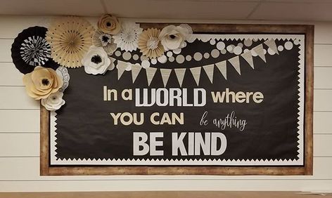 Another wall ✔ #inaworldwhereyoucanbeanythingbekind #bekind #itsnothard #seriously #carsondellosa #paperflower #paperfan #papercrafting… Bulletin Board Ideas Farmhouse, Bulletin Board For School Office, Industrial Bulletin Board Ideas, Principal Office Board Decoration Ideas, Classy Bulletin Board Ideas, Middle School Office Bulletin Boards, Bulletin Board Ideas For School Office, School Office Themes, Principal Bulletin Board Ideas