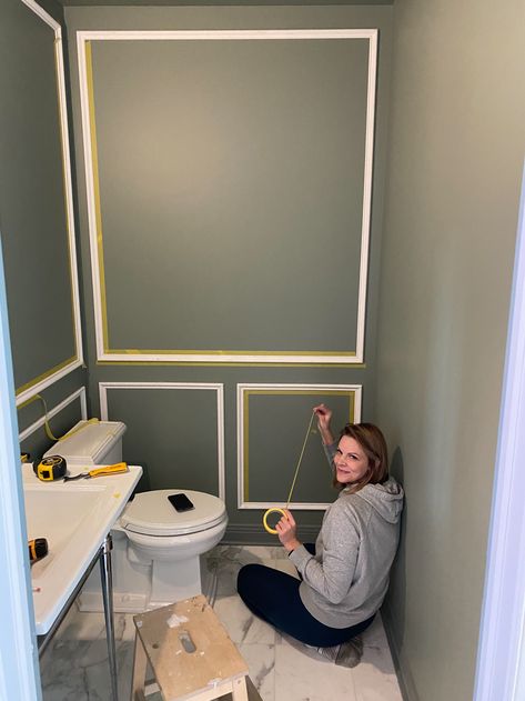 Trim Wall Bathroom, Wainscotting In Powder Room, Small Bathroom Wall Trim, Powder Room Box Trim, Small Bathroom Molding Ideas, Panel Molding Bathroom, Powder Bath Molding, Low Bathroom Ceiling, Powder Room Wall Treatments