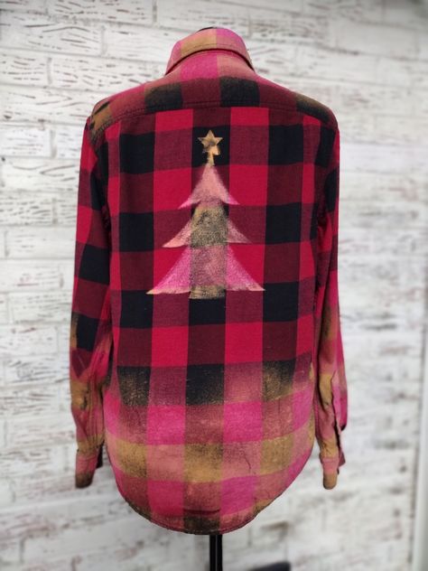 Flannel Shirt Refashion, Bleaching Clothes, Bleached Flannel Shirt, Bleached Flannel, With Christmas Tree, Shirt Refashion, Large Man, Mens Flannel, Western Boho