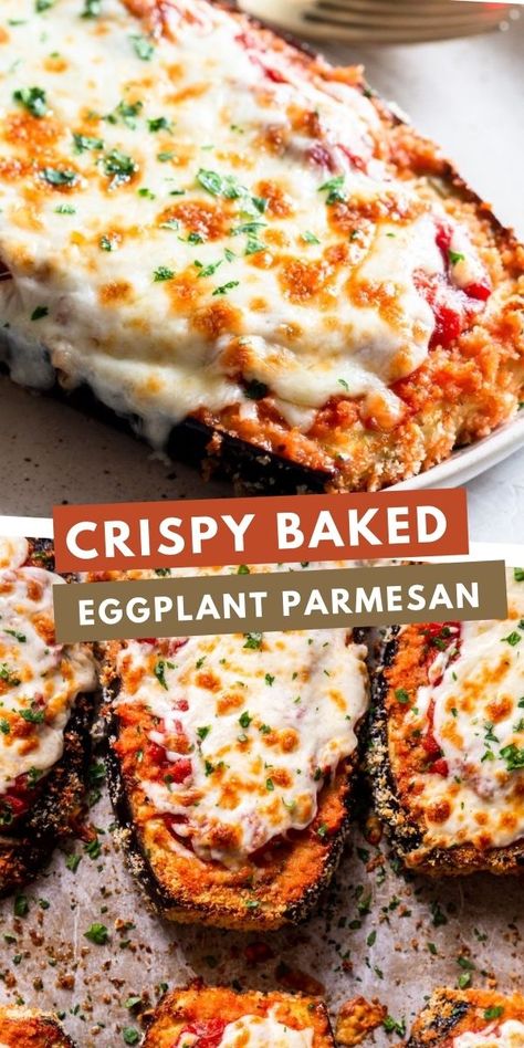 This Crispy Baked Eggplant Parmesan is healthy, easy and delicious. A different way of slicing the eggplant allows it to stay super crispy even though it is baked in the oven. Crispy Baked Eggplant, Baked Eggplant Recipes, Eggplant Recipes Healthy, Baked Eggplant Parmesan, Eggplant Recipes Easy, Eggplant Parmesan Baked, Eggplant Recipes Parmesan, Eggplant Dishes, Parmesan Recipes