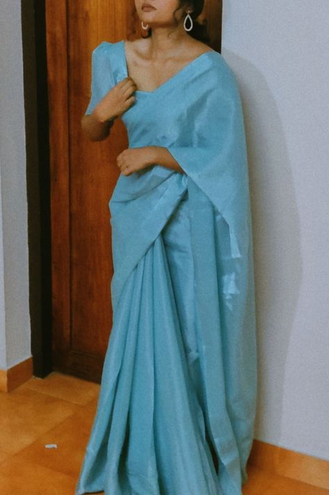 Saree With Boots, Blue Saree Aesthetic, Wedding Saree Blue, Blue Indian Dress, Light Blue Saree, Satin Blouse Designs, Brides Maid Dresses Blue, Saree Colors, Plain Blouse Designs