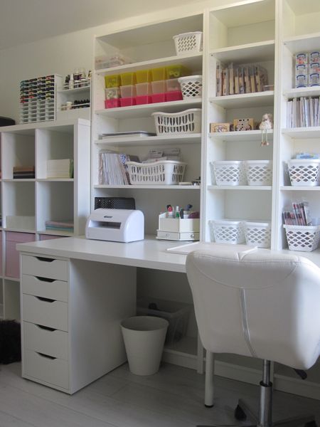 Wishcraft: My new craft room! Craft Room Printer Storage, Kallax Craft Room, Office Craft Room Combo, Craft Room Desk, Ikea Craft Room, Ikea Crafts, Sewing Room Inspiration, Small Craft Rooms, Room Organisation