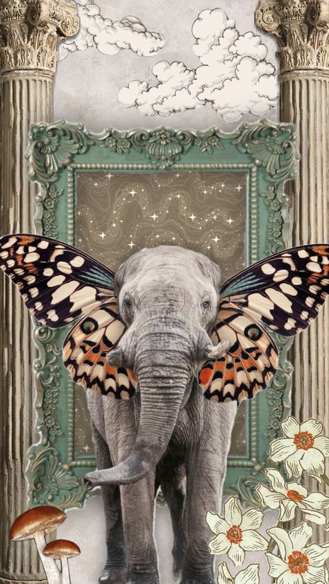 #elegant #elephant #butterfly #wings #fairycore #castle #nature #aesthetic #art #vintage #vibes #fairy #fairytale #cottagecore Fairycore Castle, Nature Aesthetic Art, Aesthetic Elephant, Aesthetic Art Vintage, Elephant Collage, Fairytale Cottagecore, Elephant Aesthetic, Elephant Butterfly, Elephant Wallpaper