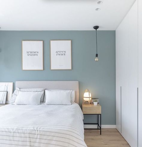 Light Blue Wall Paint Bedroom, Light Blue Bedroom Accent Wall, Baby Blue Walls Bedroom Room Ideas, Small Bedroom Paint Ideas Accent Walls, Light Blue Wall Bedroom Ideas, Light Blue Accent Wall Bedroom, Pale Blue Bedroom Ideas, Bedroom Wall Colors Combination, Colour Schemes Bedroom