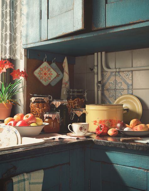 ArtStation - Granny's Kitchen Vintage Boho Kitchen, Arch Viz, Rustic Eclectic, Russian Aesthetic, Neutral Bohemian, Bohemian Kitchen, Kitchen Corner, Boho Kitchen, Slow Living