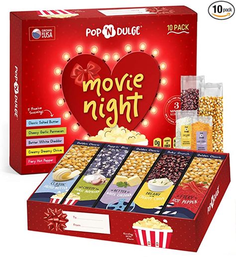 Valentines day gifts Romantic Movie Night, Popcorn Seasonings, Popcorn Gifts, Movie Night Basket, Popcorn Flavors, Savory Popcorn, Movie Night Gift Basket, Christmas Popcorn, Movie Night Popcorn